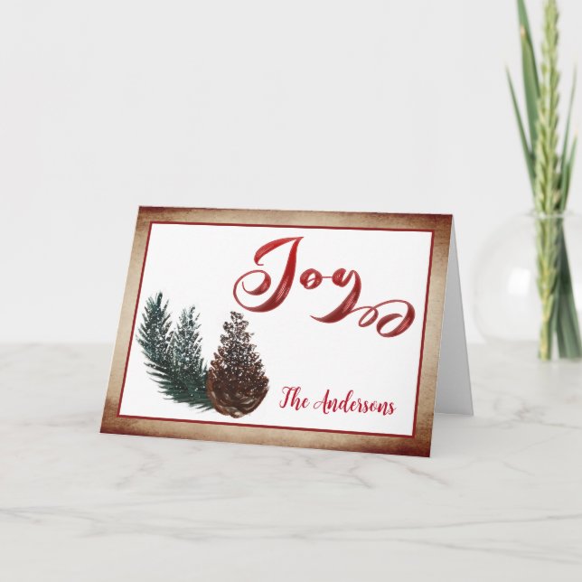 Modern Red calligraphy joy holly Holiday Card (Front)