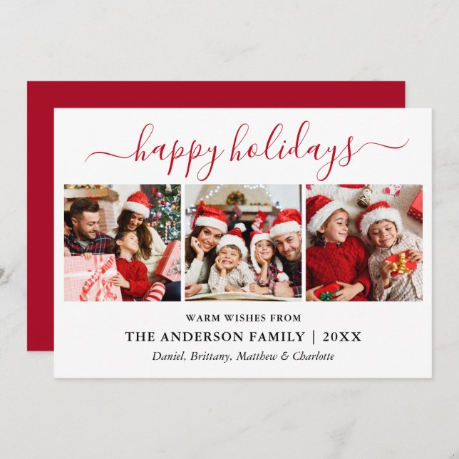 Modern Red Calligraphy Script 3 Photo Holiday Card (Front/Back)