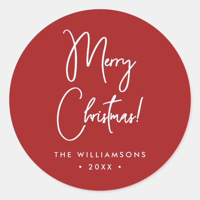 Modern Red Calligraphy Script Merry Christmas Classic Round Sticker (Front)