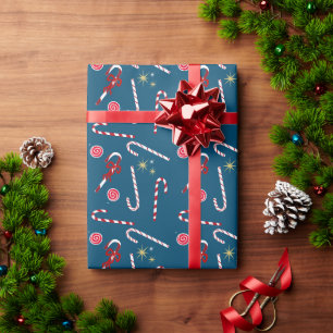 Modern Red Candy Cane Festive Christmas Blue Wrapping Paper