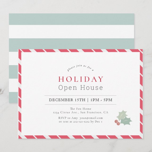 Modern Red Candy Cane Stripes Holiday Open House Invitation (Front/Back)