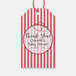 Modern Red Chalk Stripes Double Hearts Baby Shower Gift Tags