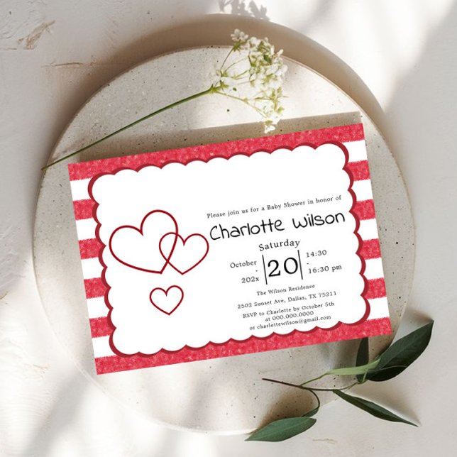 Modern Red Chalk Stripes Horizontal Baby Shower Invitation (Creator Uploaded)