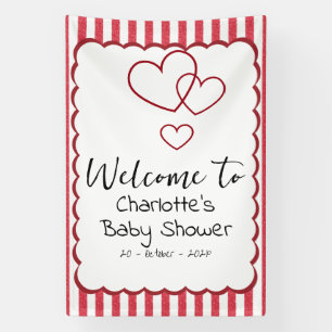 Modern Red Chalk Stripes Triple Hearts Baby Shower Banner