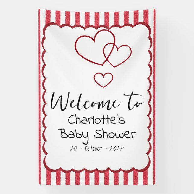 Modern Red Chalk Stripes Triple Hearts Baby Shower Banner (Vertical)