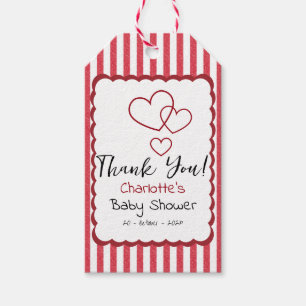 Modern Red Chalk Stripes Triple Hearts Baby Shower Gift Tags
