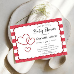 Modern Red Chalk Stripes Triple Hearts Baby Shower Invitation