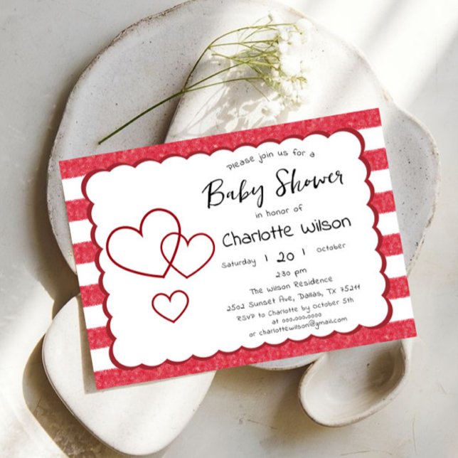 Modern Red Chalk Stripes Triple Hearts Baby Shower Invitation (Creator Uploaded)