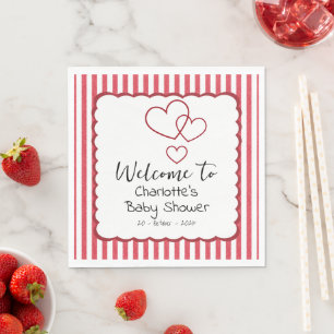 Modern Red Chalk Stripes Triple Hearts Baby Shower Napkin