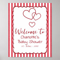 Modern Red Chalk Stripes Triple Hearts Baby Shower