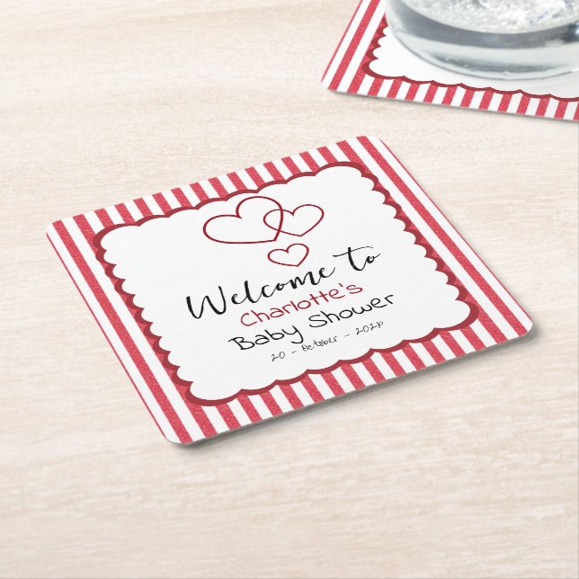 Modern Red Chalk Stripes Triple Hearts Baby Shower Square Paper Coaster (Angled)