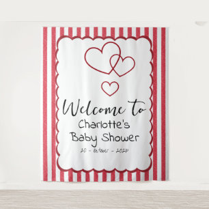 Modern Red Chalk Stripes Triple Hearts Baby Shower Tapestry