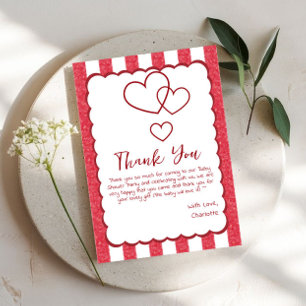 Modern Red Chalk Stripes Triple Hearts Baby Shower Thank You Card