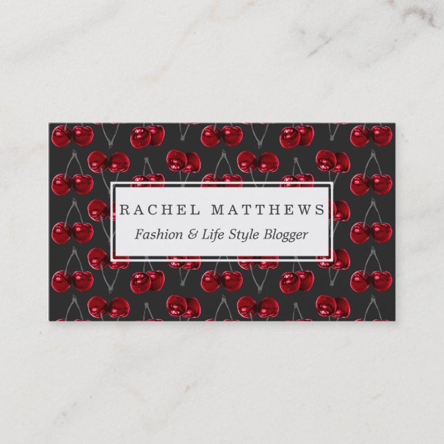 Modern Red Cherries on Charcoal Black Business Card (Front)