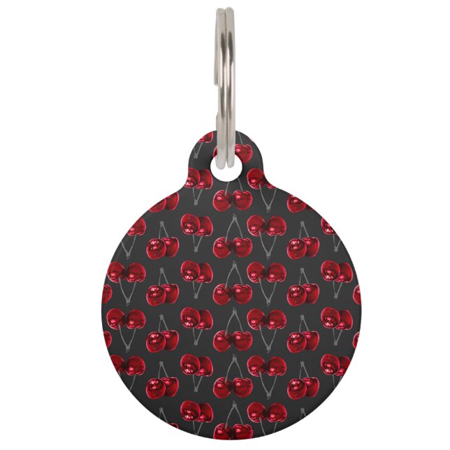 Modern Red Cherries on Charcoal Black Pet Tag (Back)