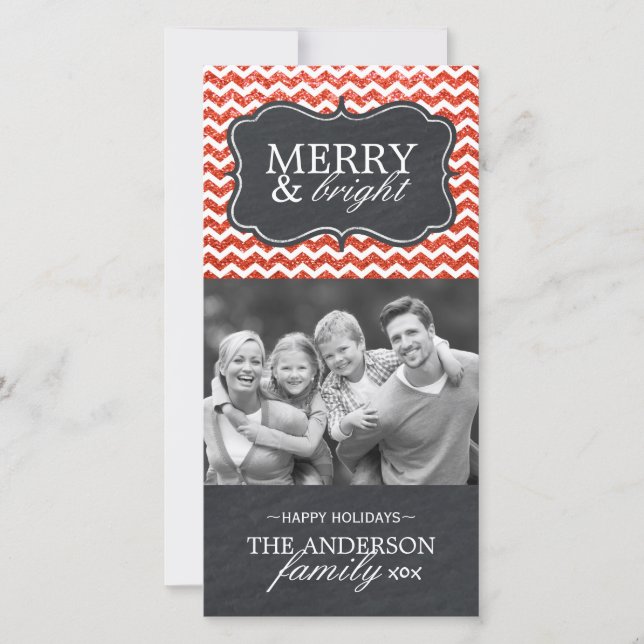 Modern Red Chevron Glitter Photo Card (Front)