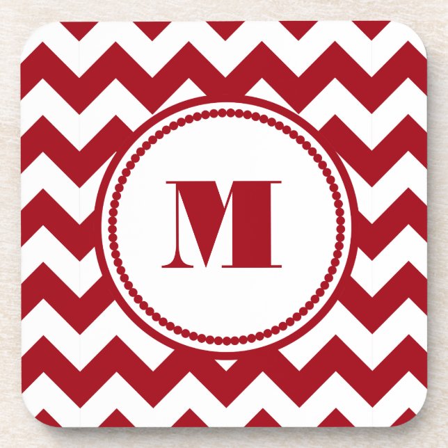 Modern Red Chevron Monogram Coaster (Front)