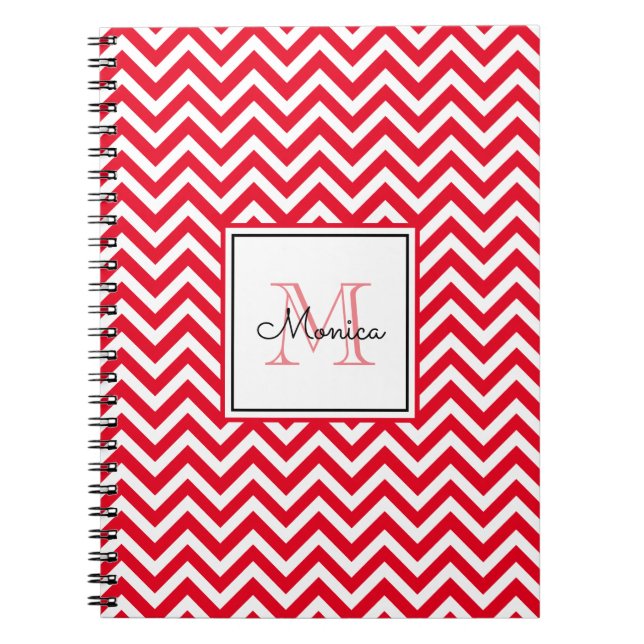Modern Red Chevron Pattern with Monogram Notebook (Front)