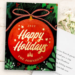 Modern Red Christmas Ball Ornament Botanical Foil Holiday Card