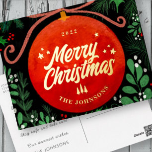 Modern Red Christmas Ball Ornament Botanical Foil Holiday Postcard