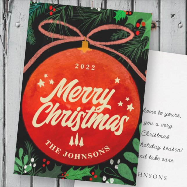 Modern Red Christmas Ball Ornament Botanical Holiday Card (Creator Uploaded)