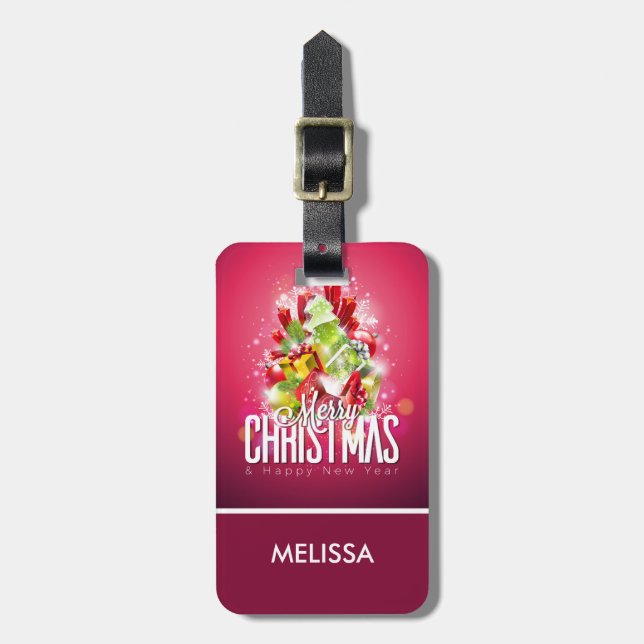 Modern Red Christmas Graphic Illustration Luggage Tag (Front Vertical)
