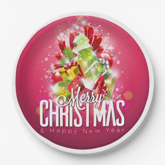 Modern Red Christmas Graphic Illustration Paper Plate (Front)