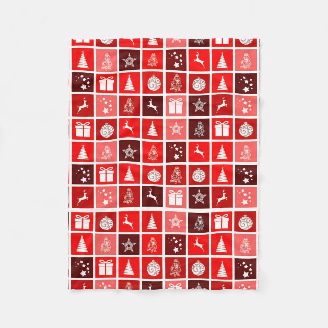 Modern Red Christmas Grid Pattern Minimalist  Fleece Blanket (Front)