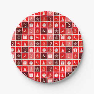 Modern Red Christmas Grid Pattern Minimalist  Paper Plate