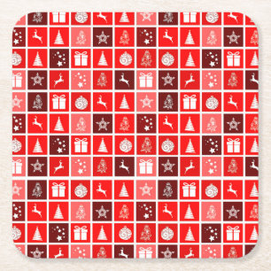 Modern Red Christmas Grid Pattern Minimalist  Square Paper Coaster