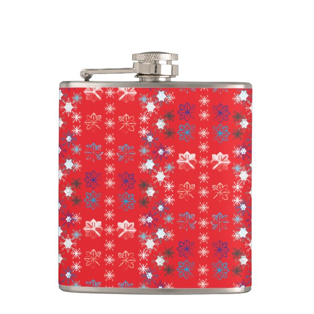 Modern Red Christmas Holiday snowflake pattern Hip Flask (Front)