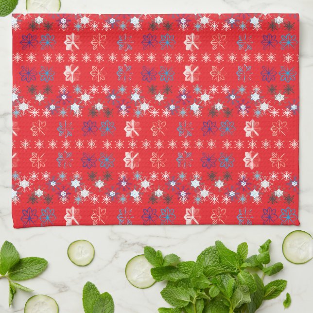 Modern Red Christmas Holiday snowflake pattern Kitchen Towel (Folded)