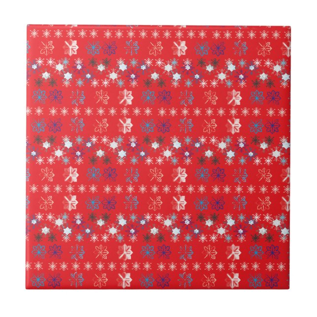 Modern Red Christmas Holiday snowflake pattern Tile (Front)