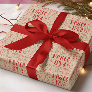 Modern Red Christmas Holiday Typography Peace Love Wrapping Paper