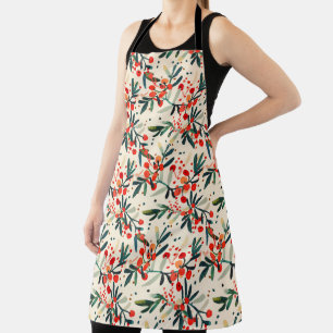 Modern Red Christmas Holly Berries Apron