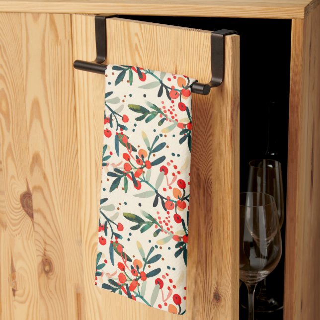 Modern Red Christmas Holly Berries Kitchen Towel (Thirds Fold)