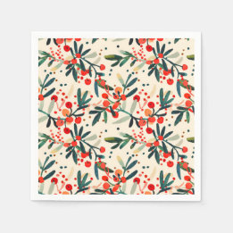 Modern Red Christmas Holly Berries Napkin