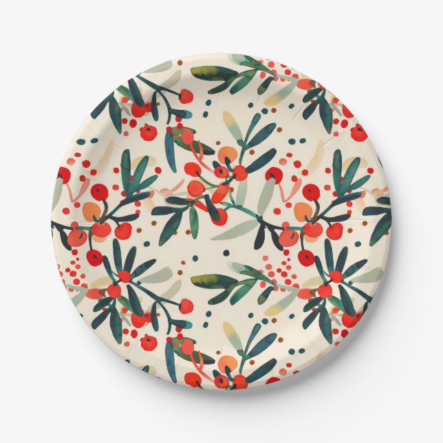 Modern Red Christmas Holly Berries Paper Plate (Front)