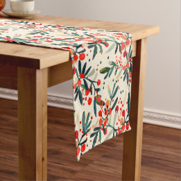 Modern Red Christmas Holly Berries Short Table Runner
