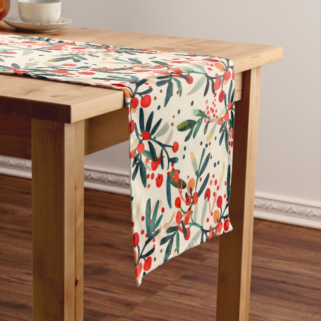 Modern Red Christmas Holly Berries Short Table Runner (In Situ)