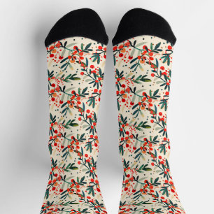 Modern Red Christmas Holly Berries Socks