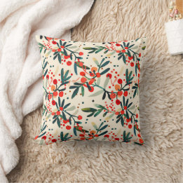 Modern Red Christmas Holly Berries Throw Pillow