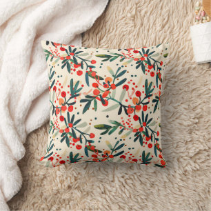 Modern Red Christmas Holly Berries Throw Pillow