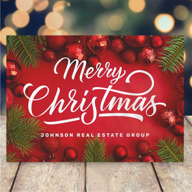 Modern Red Christmas Ornaments and Green Pine Holiday Card (Creator Uploaded)