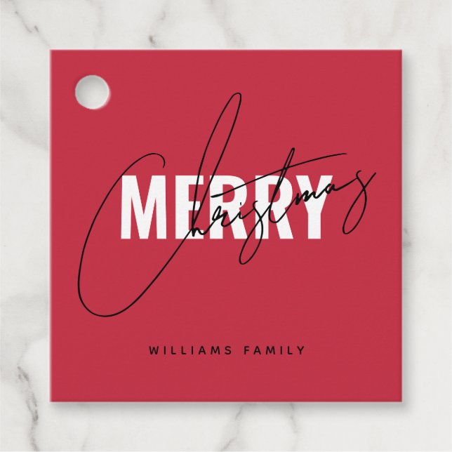 Modern red Christmas script  Favour Tags (Front)
