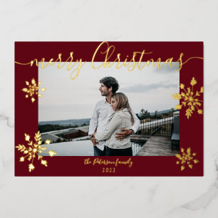 Modern red Christmas script snowflakes photo Foil Holiday Card