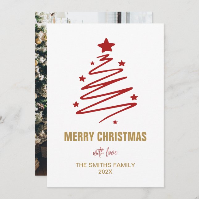 Modern Red Christmas Tree And Personalized Photo  Holiday Card (Front/Back)