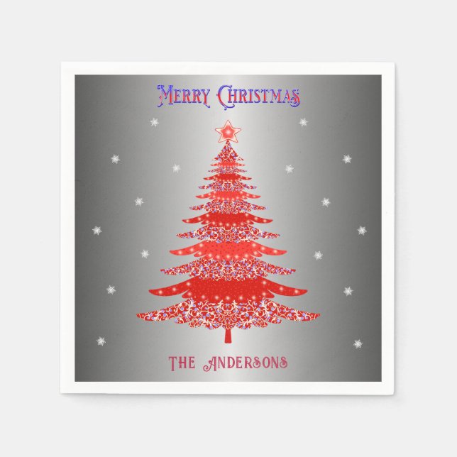 Modern Red Christmas Tree Snowflakes Name Silver Napkin (Front)