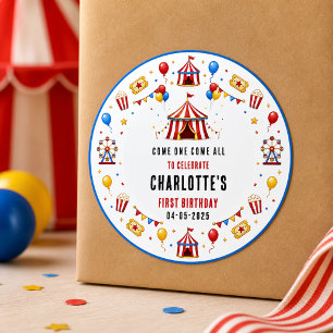 Modern Red Circus Ticket 1st Birthday   Any Gender Classic Round Sticker