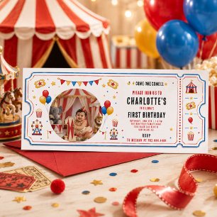 Modern Red Circus Ticket 1st Birthday   Any Gender Invitation
